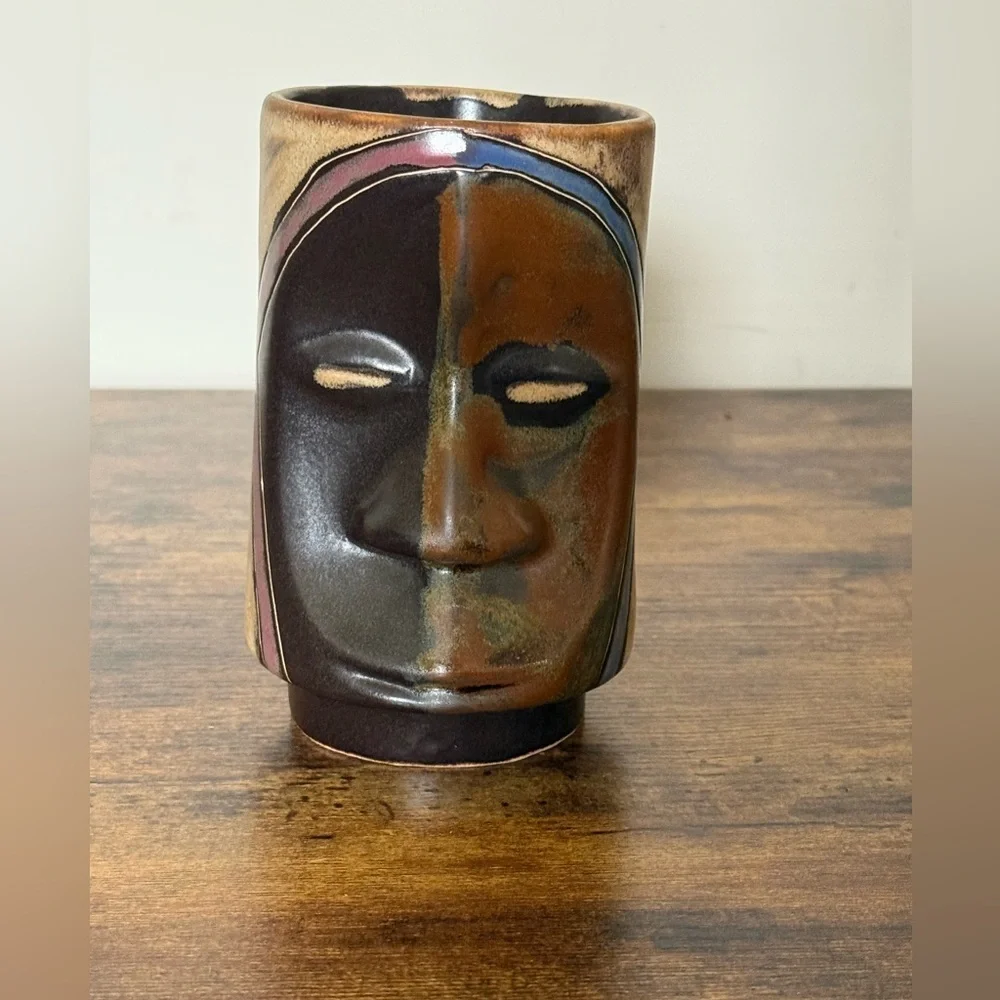 Mara Stoneware Sculpted Stein Mug  Dark Mask Design Handmade in Mexico
